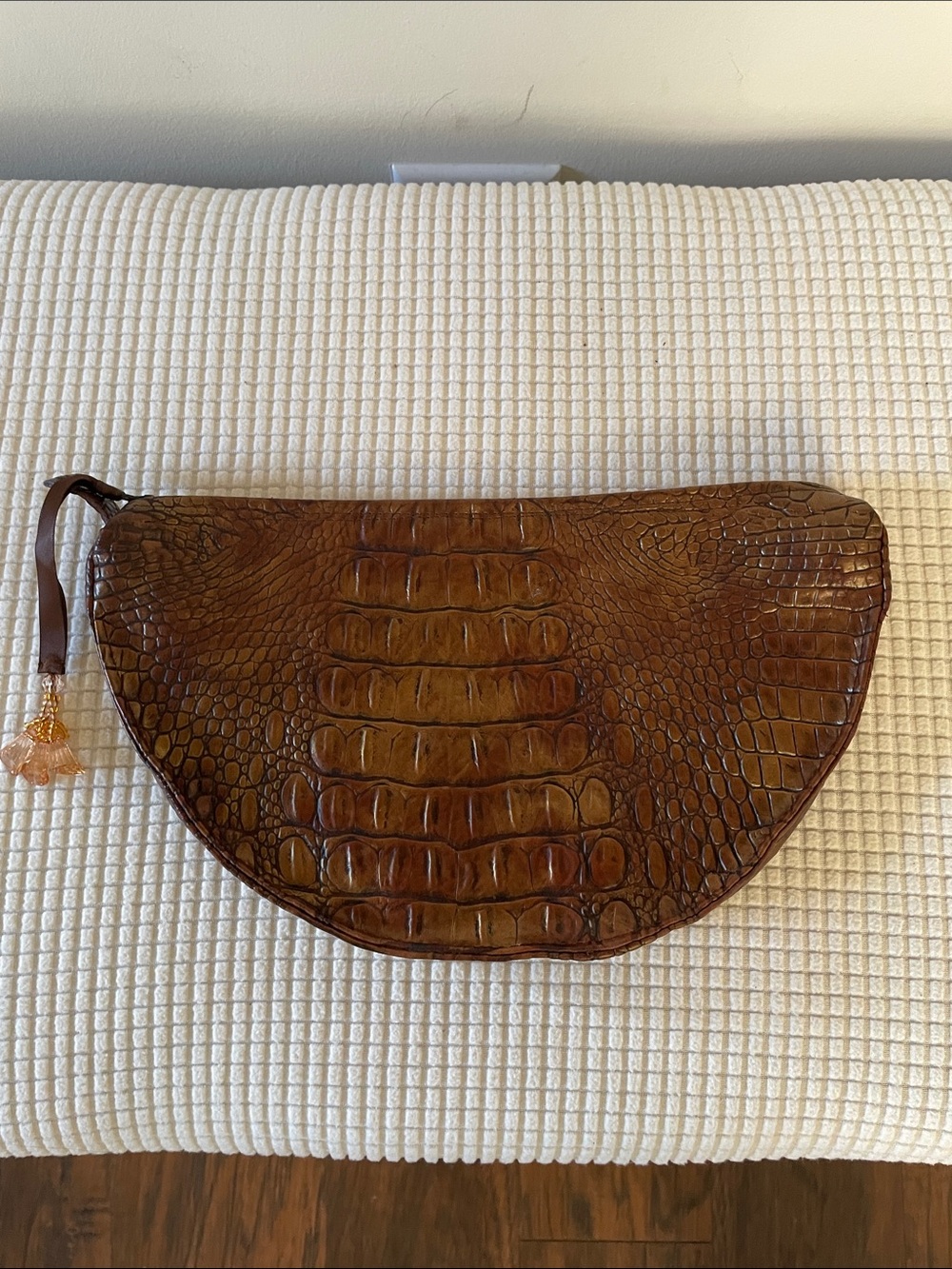 Brown Croc-Embossed Half-Moon Clutch
